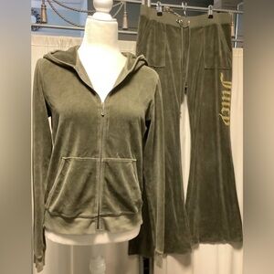Juicy Couture Olive Green Velour Pants 34 x 32 Pants Zip Up Hoodie Tracksuit